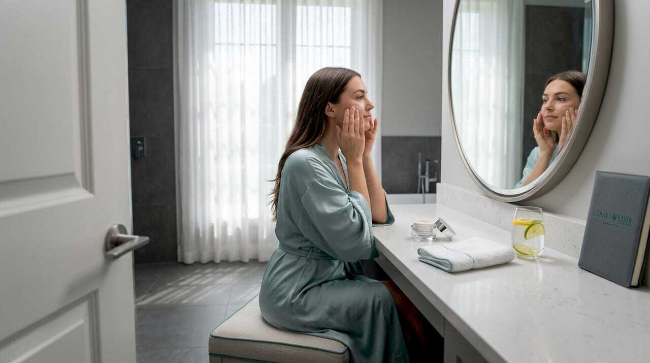 Woman gently applies moisturizer after treatment