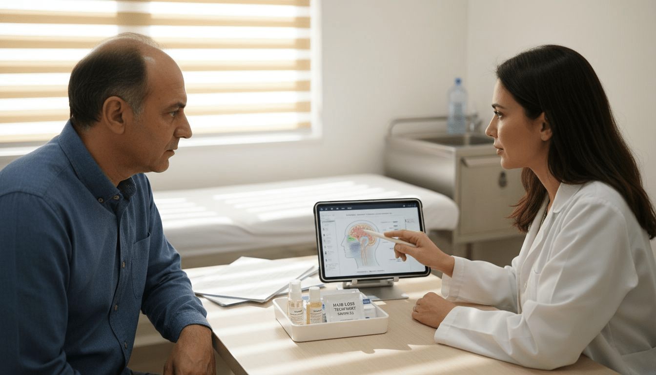 Doctor consults patient about hair restoration