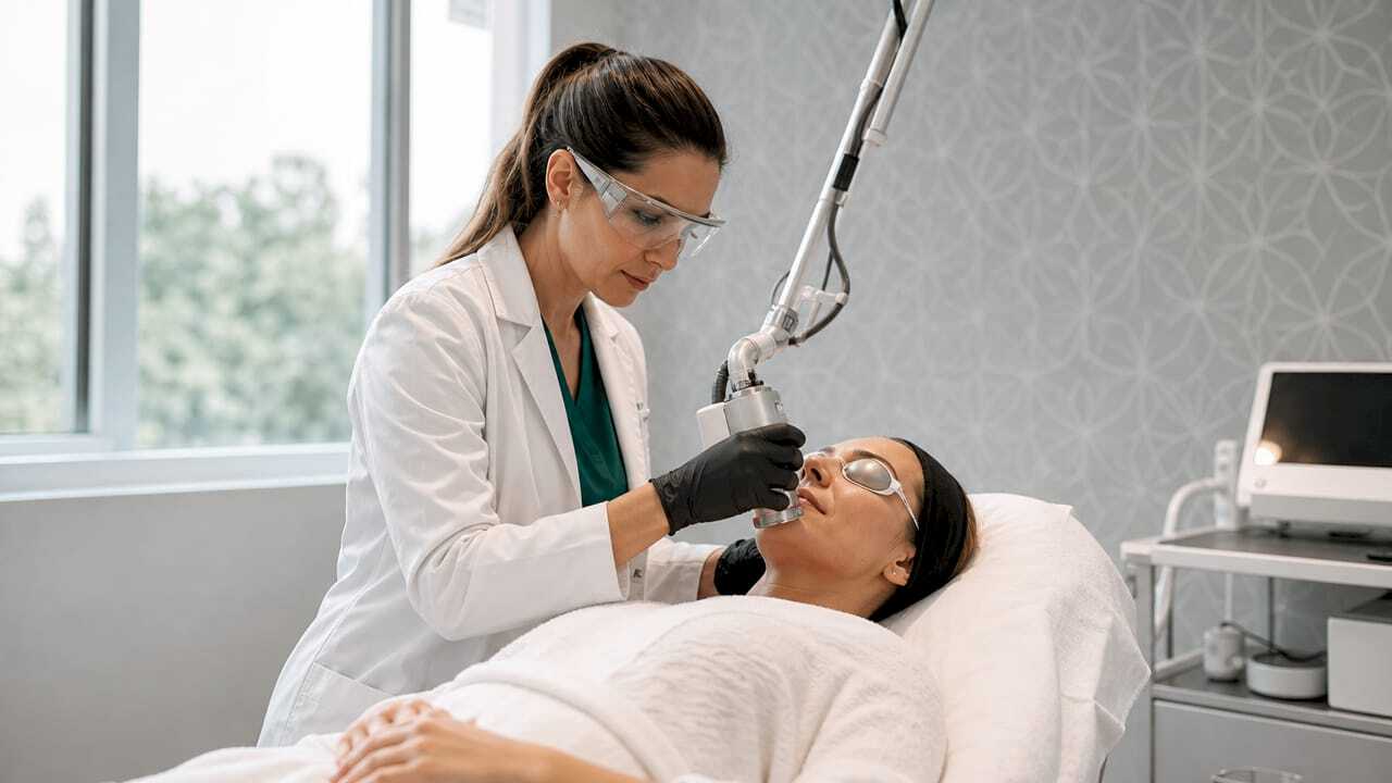 Dermatologist performing laser wrinkle treatment