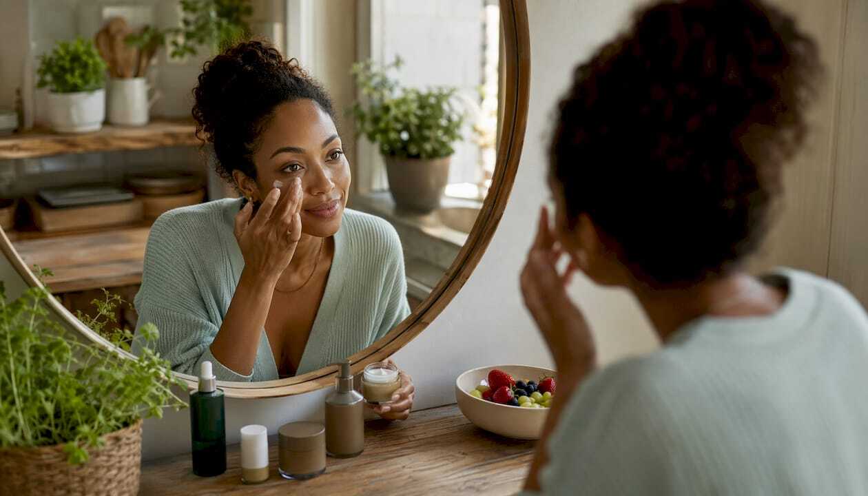 Woman applying under-eye cream in bathroom