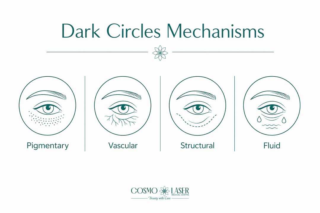 Infographic showing main mechanisms of dark under-eye circles