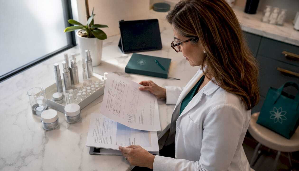 Dermatologist reviewing peptide product information