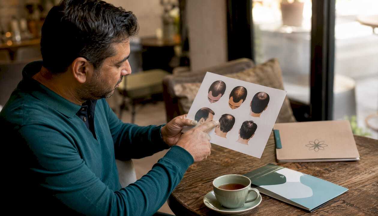 Man examining scalp hair loss pattern diagram